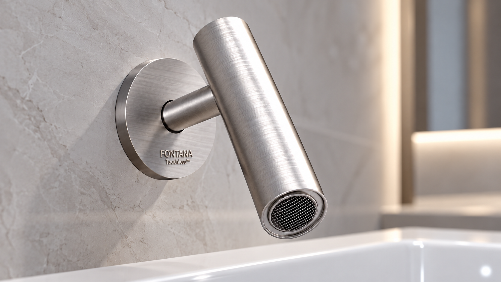 Fontana Riviera wall-mounted chrome sensor faucet installed above a white basin